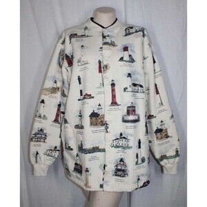 Vintage Art Unlimited XL USA Lighthouses Button Front Fleece Jacket Unisex